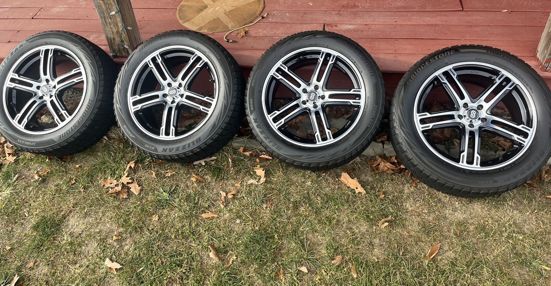 OEM size is 18 x 7, 5x100 +45 offset, Enkei wheels wrapped in 225/55r13 Bridgestone “Blizzaks”