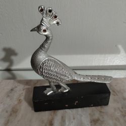 Vintage Pewter - Wood Base Peacock Figurine 6"×5"