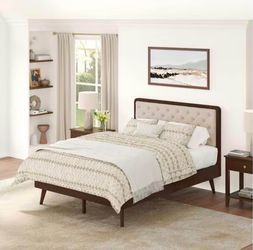 King size solid wood with fabric headboard bed frame