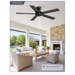 48 Inch Flush Mount Ceiling Fan no Light, Black Ceiling Fan with Remote, 6-Speeds, Quiet Reversible DC Motor, Indoor/Outdoor Ceiling Fans without Ligh
