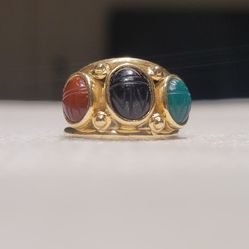 14K Gold Carnelian Jade Onyx Beetle Scarab Vintage Ring