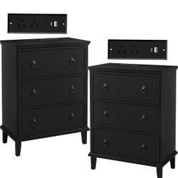27.6 Inch Wide Nightstand Set of 2 with Charging Station, Wooden 3 Drawers Nightstand Black Large Bedside End Table for Bedroom, Living Room, Bedroom,