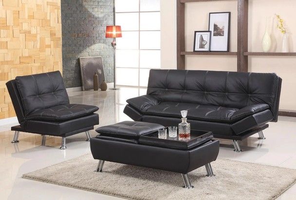 Molton Black Bonded Leather 3pc Livingroom Set Couch Futon Sofa Bed Chair and Ottoman