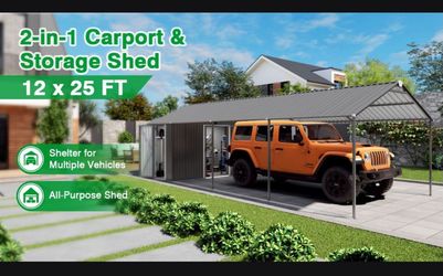 12x25 FT Galvanized Steel Carport with 12x20 FT Car Shelter & 12x5 FT Storage Shed, Heavy Duty Waterproof Snow Load Resistant Outdoor Garage for Car,