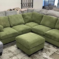 99x99 Sage Corduroy Sectional Couch / Free Delivery 