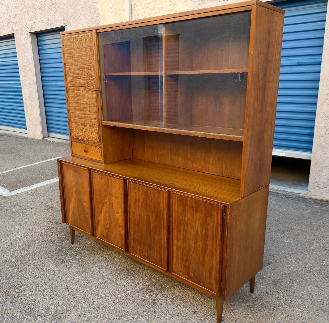 Beautiful Mid Century Modern Credenza w/ Hutch Merton Gershun Vintage 1960 Solid Walnut Rattan