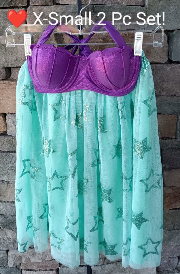 💦❤️💦 DISNEY: Mermaid Shimmery Bikini Top + CAT & JACK: Green, Sparkly Sea Star, Tulle Mermaid Skirt! 2 Pc. Costume Set! 💦 💖💦 Size: XS (4-5)