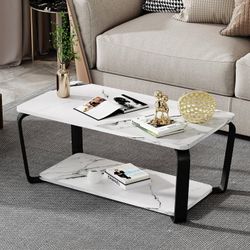 Home Coffee Table, White Faux Marble Coffee Table with Storage Shelf for Small Apartment Living Room