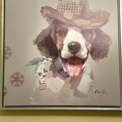 Cowboy Dog Wall Painting Oil On Canvas 18”x18” Aluminum Frame