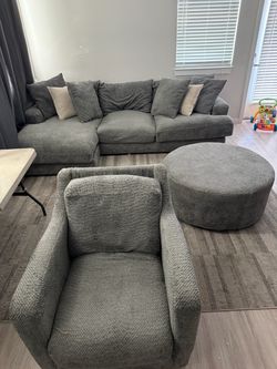 Gray Sectional Sofa, Accent Chair, and Ottoman Set