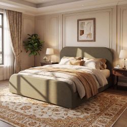 CHRISTOPHER KNIGHT HOME Dresvik ModernGreen Wood Frame King Size PlatformBed with Linen Upholstered Curved Headboad and Footboard