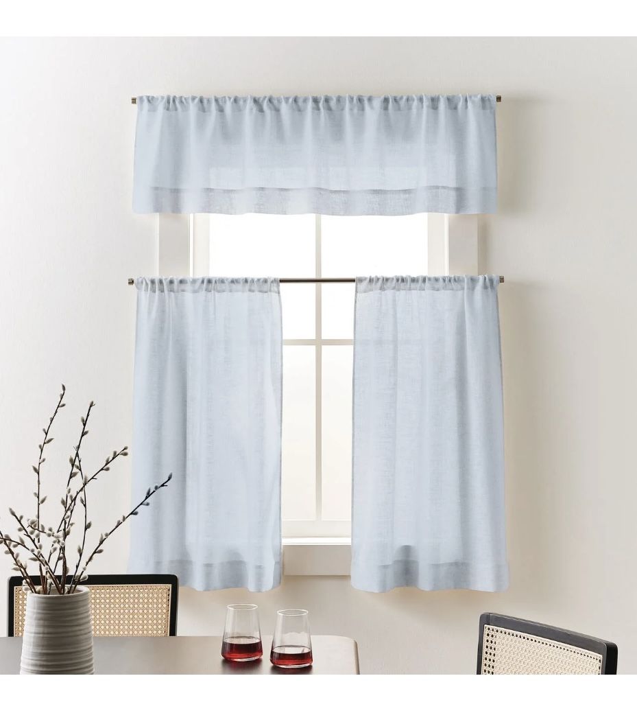 Better Homes & Gardens Linen Blend Light Filtering Rod Pocket Kitchen Curtain & Valance, Blue Water, 60”x36”