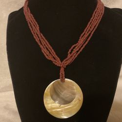 16” Brown Beaded Necklace With Shell Pearl Pendants 