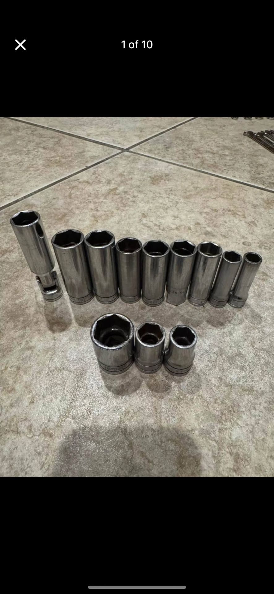 Vintage Snap on 3/8 Deep Well Chrome SAE Standard 12 Pc. Socket Lot 6 Point