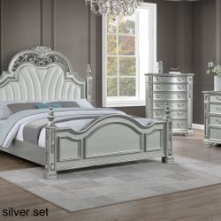 New Queen Size Wood Silver Bedroom 4pc Set Home Decor Furniture Lehigh 