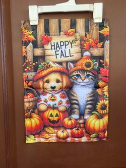Happy Fall Garden Flag with Dog and Cat