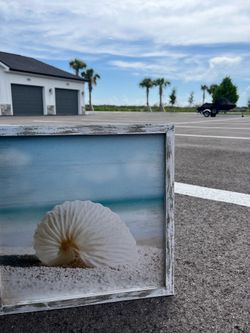 Coastal Shell Beach Art, Distressed White Frame