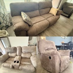 MOVING – MUST SELL BY 5/9 - Reclining Sofa + Loveseat + Chair Set – All Recline – Clean & Comfortable