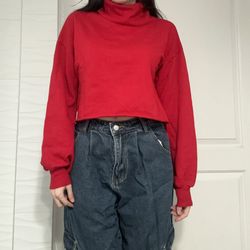 Forever 21 Red Cropped Baggy Turtleneck Long-Sleeved Top