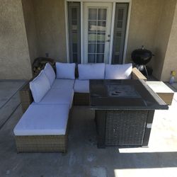 5 Piece Outdoor Patio Couch Set With Fire Pit Table.