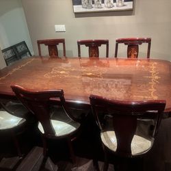 Cherry wood versace  style dining table with 6 chairs