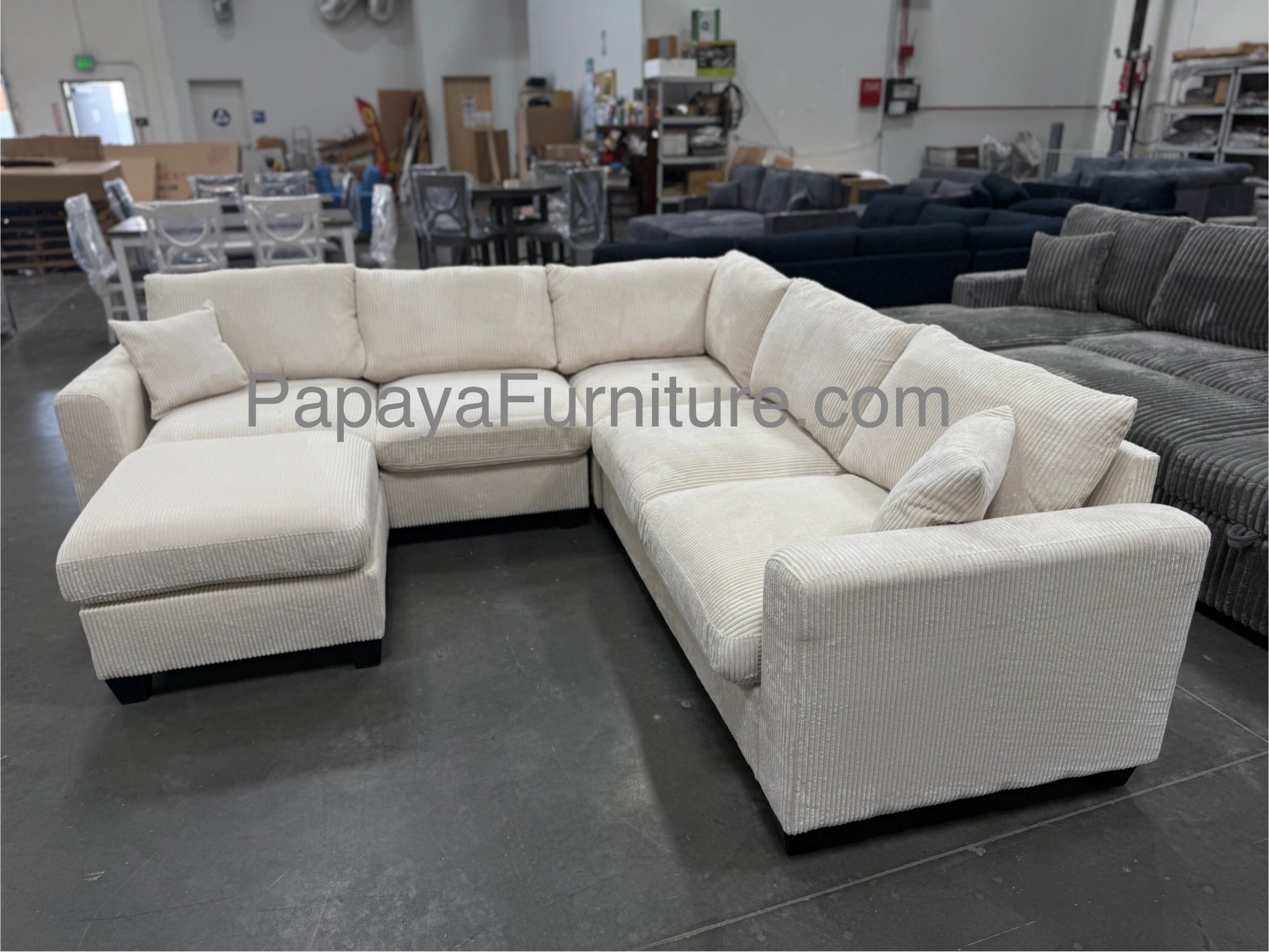 New Ivory White Beige L Shape Sectional Sofa And Ottoman Set Corner Couch Large