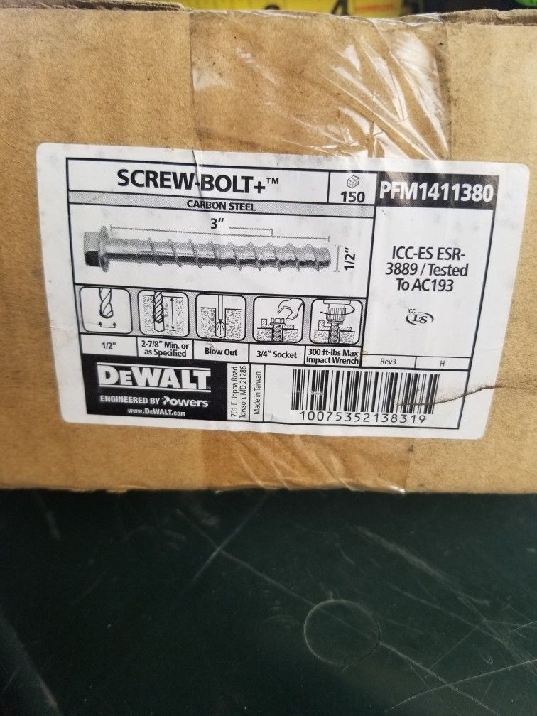 NIB Dewalt 1/2" X 3" Concrete Screw-Bolts