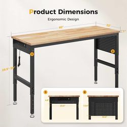 60" Adjustable Workbench, 2000LBS Max Load, Pegboard & Power Strip Rubberwood Tabletop, for Garage, Workshop, Home