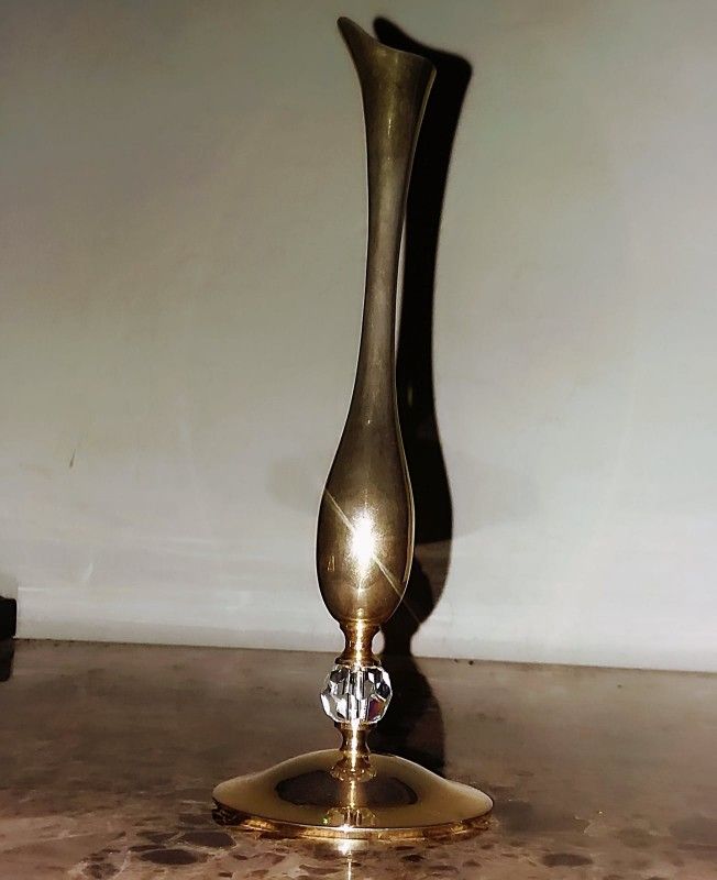 VINTAGE MID CENTURY  HOLLYWOOD REGENCY BRASS SWAROVSKI CRYSTAL ACCENT TABLE FLORAL FLOWER VASE CENTERPIECE DECOR