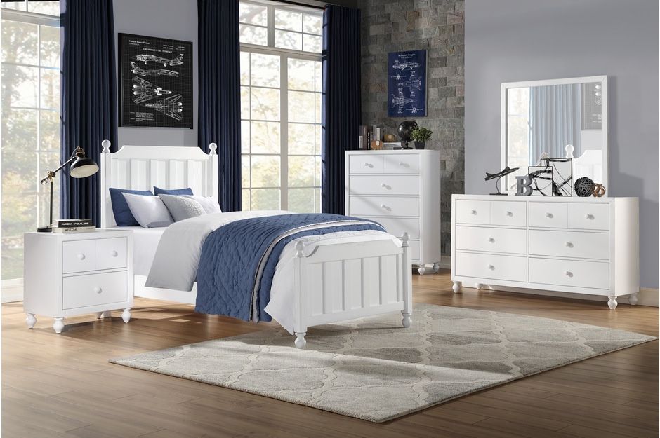 4 piece WHITE TWIN SIZE BEDROOM SET BED NIGHT STAND DRESSER MIRROR RECAMARA SENCILLA HOME DECOR ACCENT