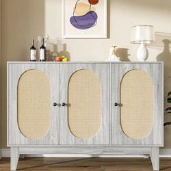 47''W Large Buffet Sideboard Cabinet with Charging Station, Rattan Kitchen Storage Cabinet New