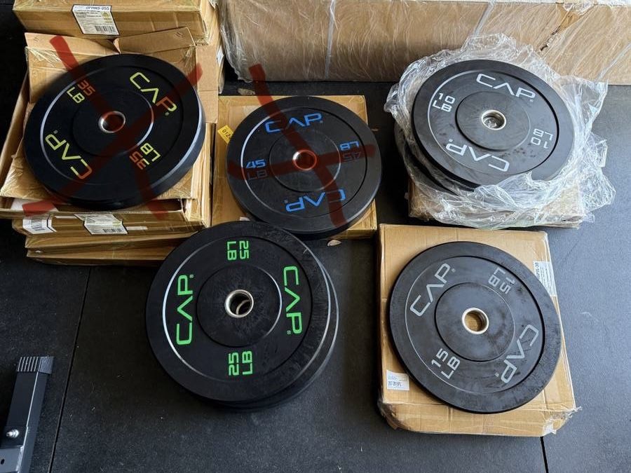 NEW IN BOX Olympic Bumper Plate Weight Plates rubberized set 10 15 25 45 lb pounds - $1.25 per pound
