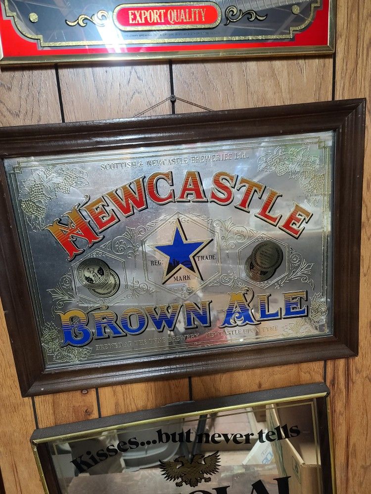 Newcastle Brown Ale Beer Sign Mirror Glass Wood