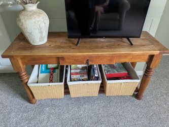 Vintage Console Table With Lower Shelf. Heavy & Sturdy. Drawer With Original Hardware.
