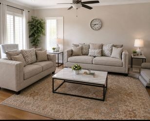 2 piece , Cindy Crawford Beige Fabric Sofa and Loveseat Set original $2,200