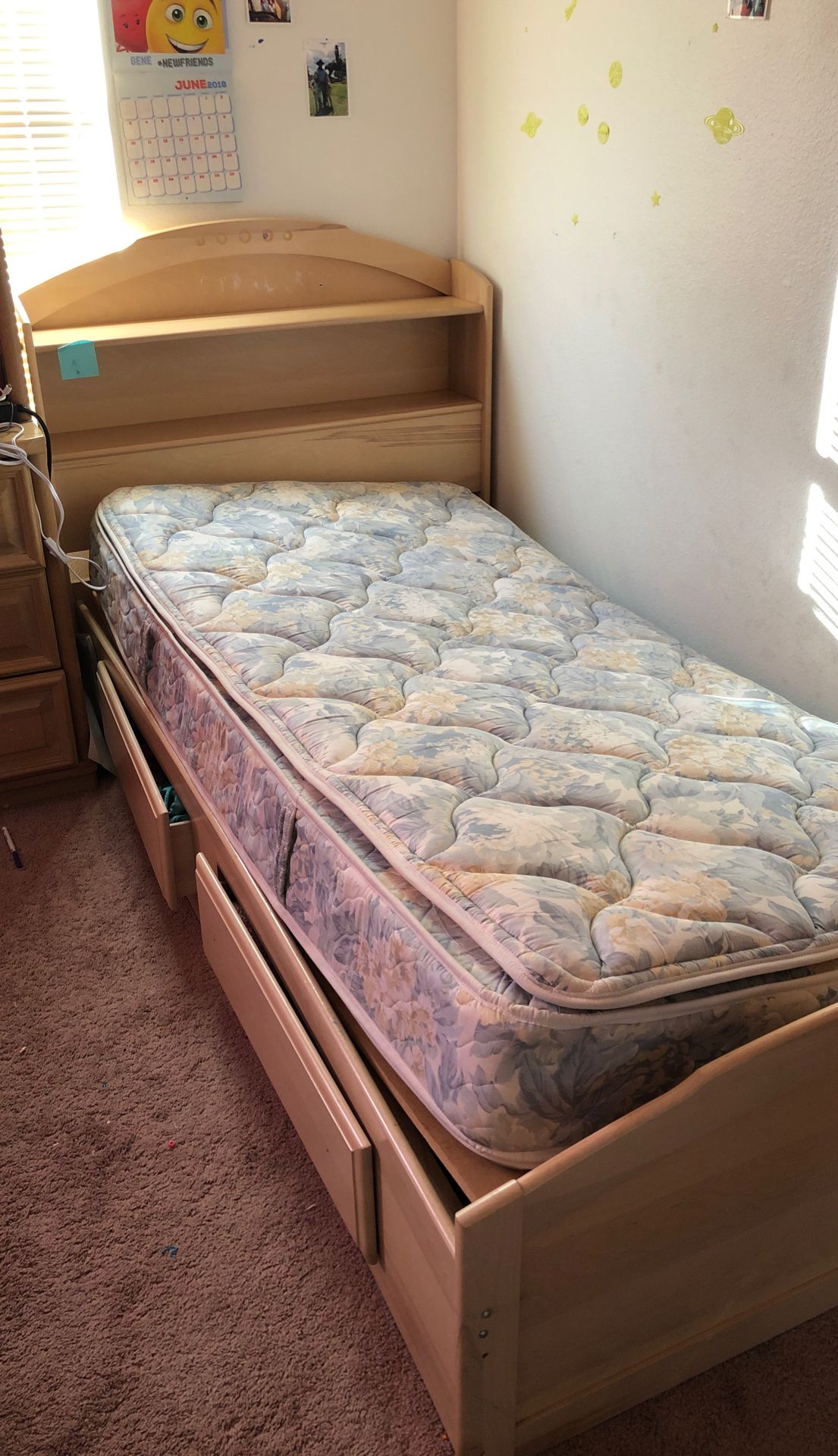 FREE! Twin bed with two drawers underneath and shelf headboard, used