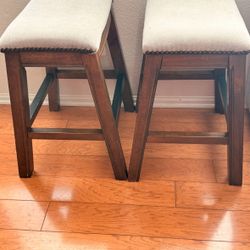 Upholstered Bar Stools - Solid Wood & Cream Fabric (Set of 2)