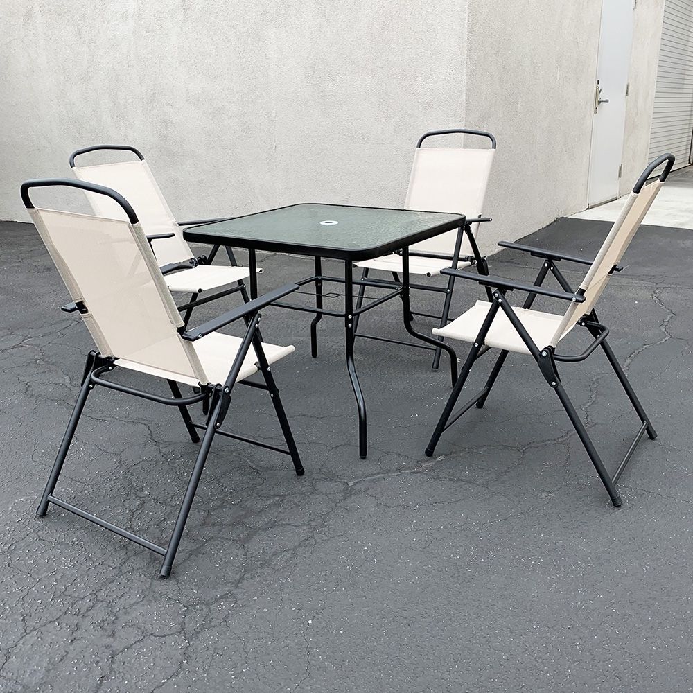 New $100 Patio 5pcs Dining Set with 32x32” Table and 4pc Folding Chairs, Outdoor Furniture