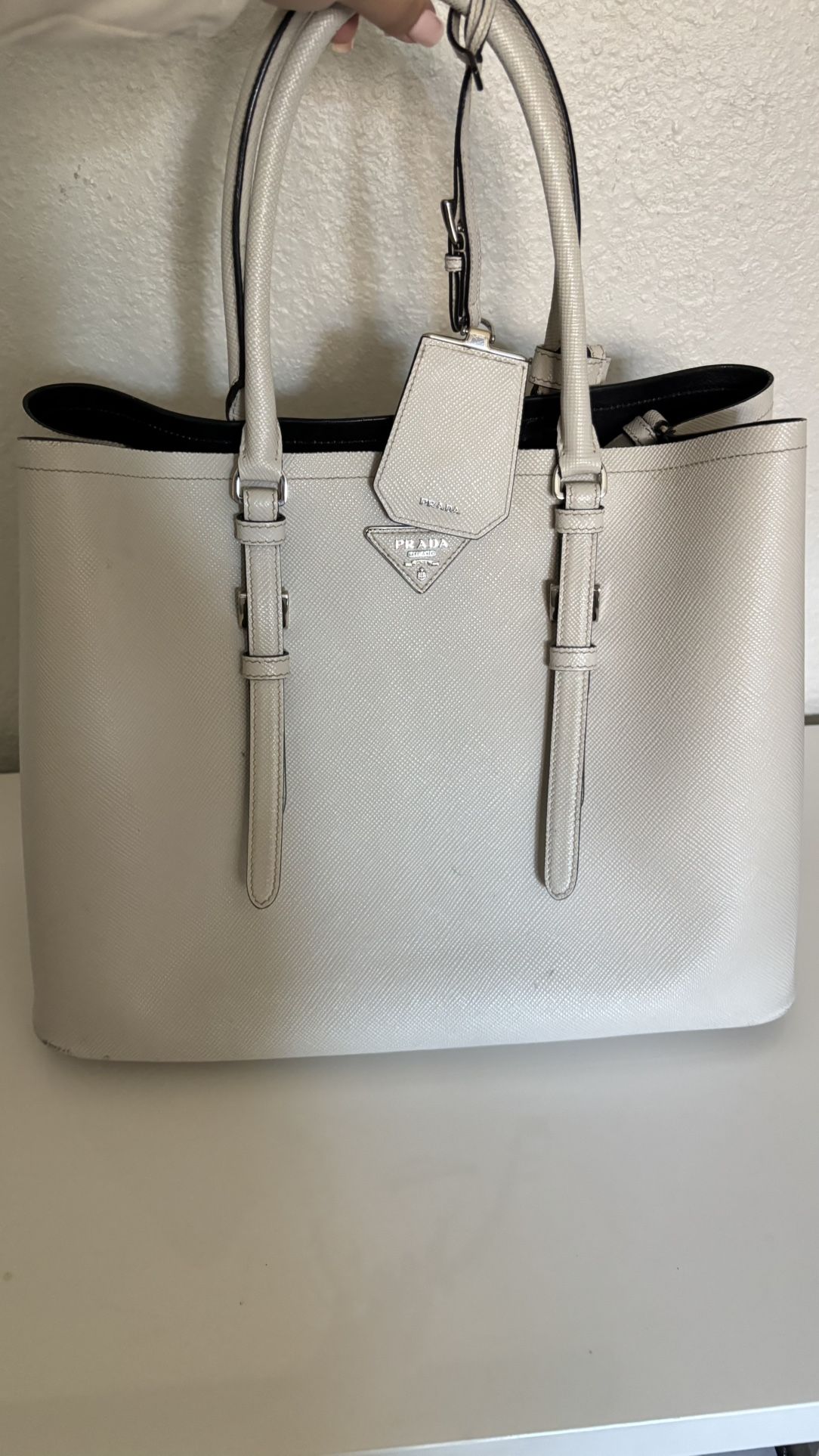 prada saffiano leather white tote bag