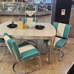 50's Dinette Set Table And Chairs White and Turquoise Striped W/ Chrome