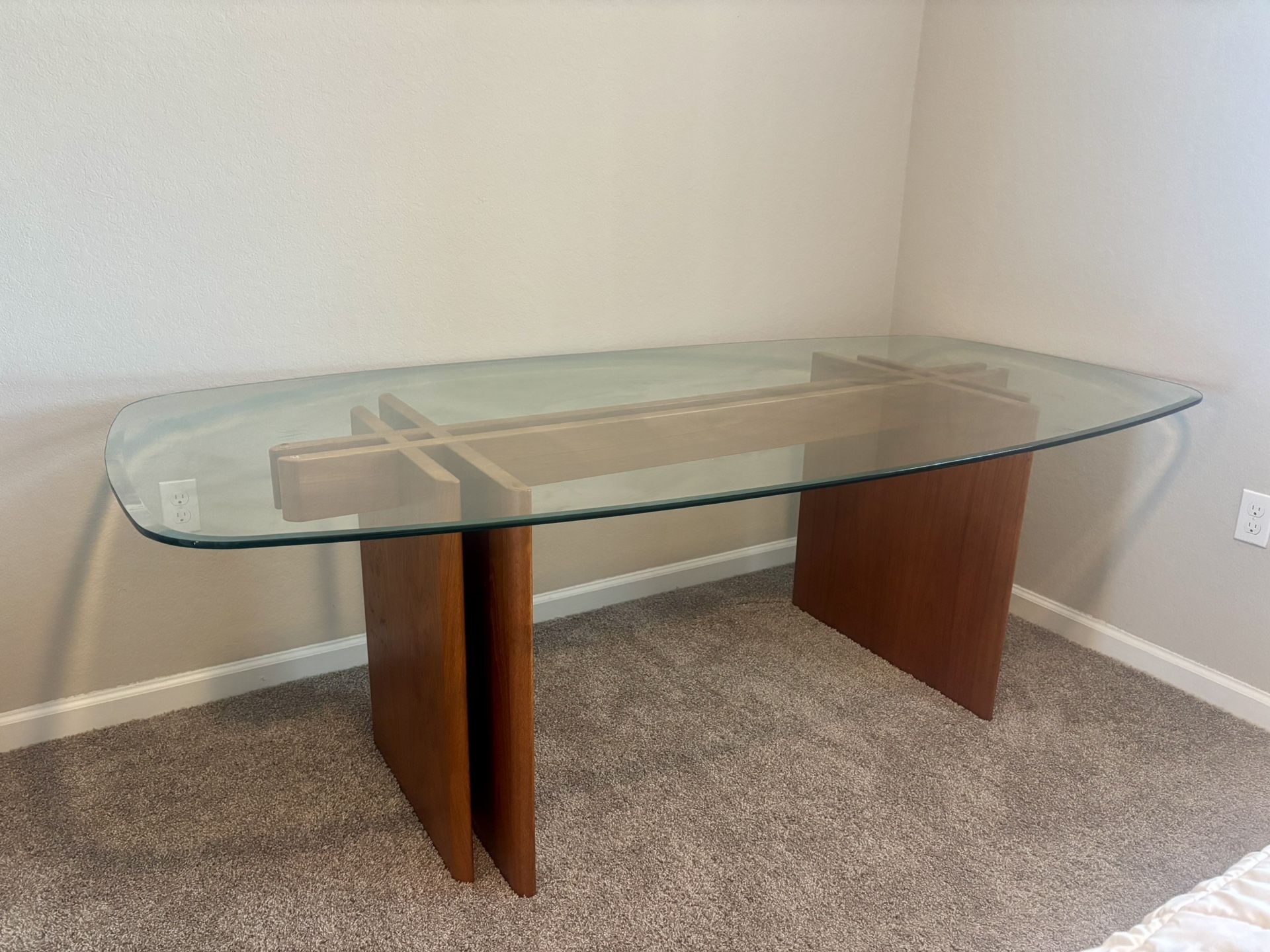 1970s Gustav Gaarde ~ Teak Fishbone Dining Table Beveled Glass