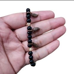 Bronze Toned Leaf Charms Black Beaded Stretchy Bracelet