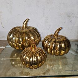 Brass Mottled Glass Pumpkin Trio