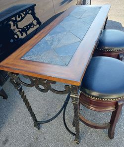 $175* Cast Iron ENTRY Table +3 Leather Swivel Stools + Free Chair And Cabinet