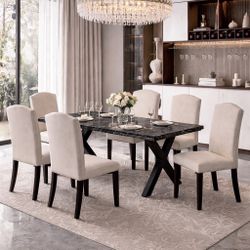 Faux Marble 7 -Piece Dining Set Table with 6 Thicken Cushion Chairs [NEW] **Assembly Req** 