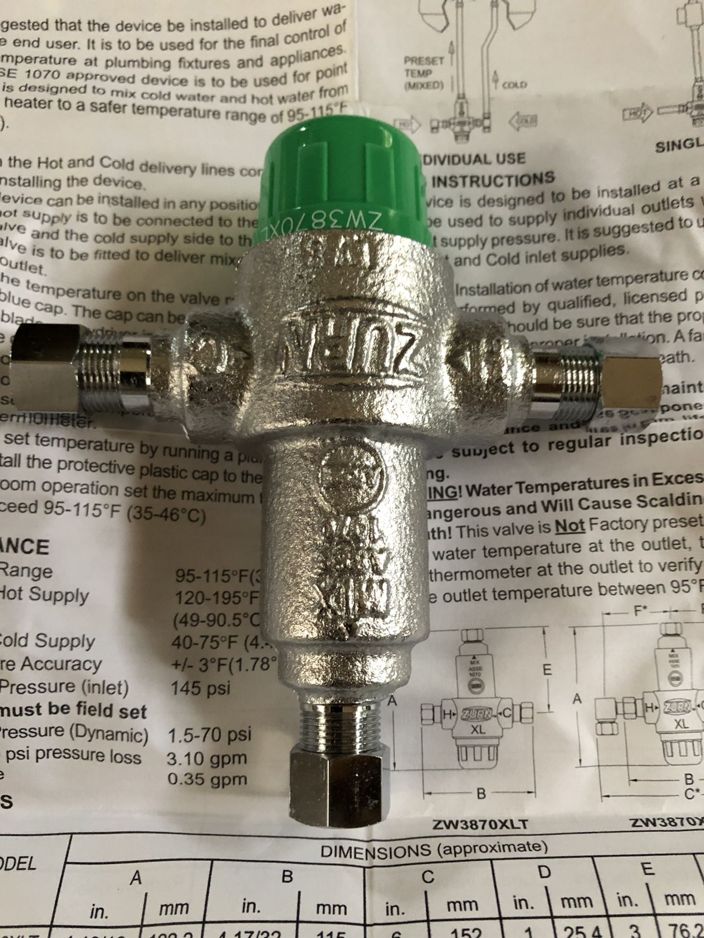 Aqua-Gard Thermostatic Mixing valve, 3/8” Model ZW3870XLT