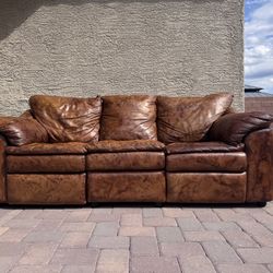 Vintage Distressed Brown Leather Reclining Sofa