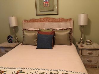 Pier one imports wicker headboard, two nightstands, chair and armoire in perfect condition.