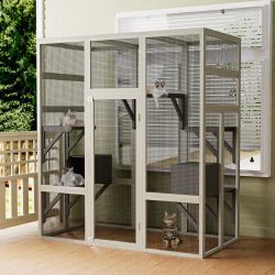 Large Outdoor Gray Wooden Catio – Solid Wood Cat Enclosure with 5 Platforms & 2 Resting Boxes, UV-Resistant & Waterproof Outdoor Cat House Shelter Pla