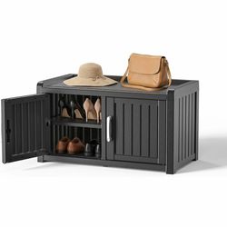 Shoe Bench with Storage, Shoe Cabinet Indoor Outdoor with Adjustable Shelves, Waterproof UV-Resistant Shoe Organizer with Double Doors for Entryway, B